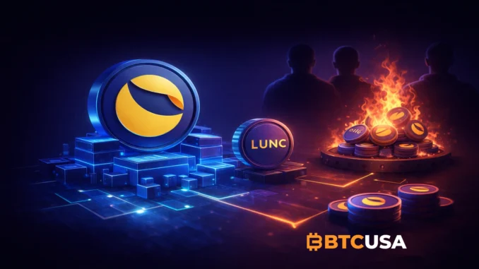Illustration representing the Terra Classic blockchain, LUNC token, and community-driven recovery initiatives after the 2022 collapse