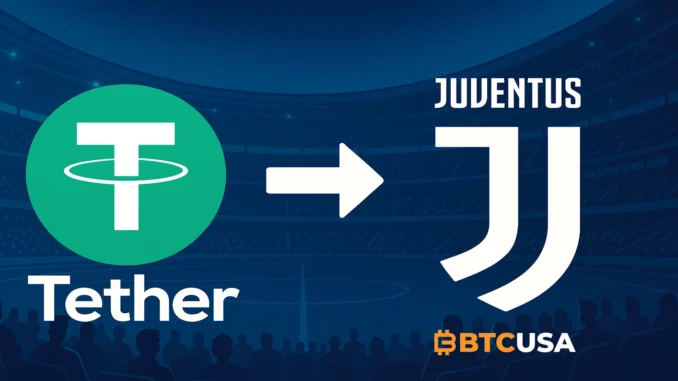 Illustration showing Tether and Juventus branding symbolizing a potential acquisition deal