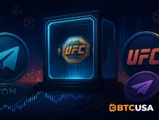Futuristic illustration showing hints of a Telegram–UFC collaboration on the TON blockchain, featuring digital collectibles and a cinematic tech atmosphere without logos.