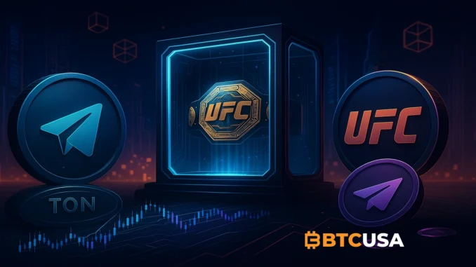 Futuristic illustration showing hints of a Telegram–UFC collaboration on the TON blockchain, featuring digital collectibles and a cinematic tech atmosphere without logos.