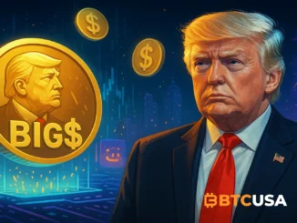Futuristic illustration of Trump-themed meme coin symbols emerging from digital markets, with Pump.fun style token launches and glowing crypto graphics.