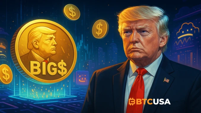 Futuristic illustration of Trump-themed meme coin symbols emerging from digital markets, with Pump.fun style token launches and glowing crypto graphics.