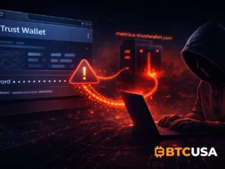 Digital illustration showing a compromised crypto wallet extension sending data to a hidden malicious server in a dark cybersecurity environment