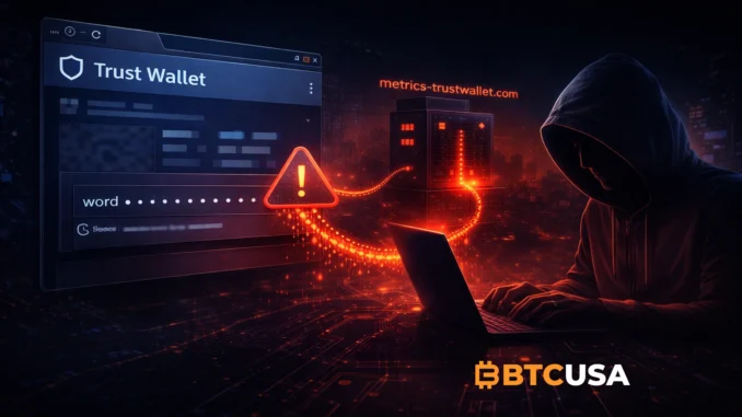 Digital illustration showing a compromised crypto wallet extension sending data to a hidden malicious server in a dark cybersecurity environment