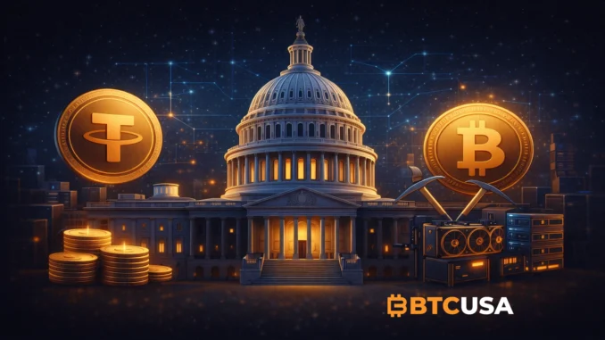 Illustration of the US Capitol symbolizing proposed crypto tax safe harbor rules for stablecoins, staking, and mining