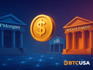 Illustration of major U.S. banks using blockchain networks and digital stablecoins to enable cross-border transactions.
