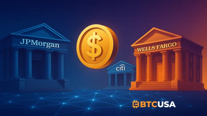 us_banks_stablecoin_transfers Illustration of major U.S. banks using blockchain networks and digital stablecoins to enable cross-border transactions.
