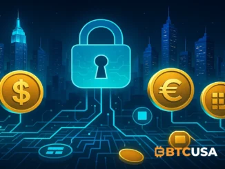 Futuristic illustration of U.S. financial markets transitioning to blockchain infrastructure with tokenized assets, digital settlement layers, and on-chain transparency.