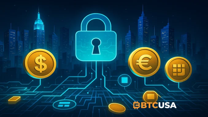 us_markets_blockchain_migration Futuristic illustration of U.S. financial markets transitioning to blockchain infrastructure with tokenized assets, digital settlement layers, and on-chain transparency.