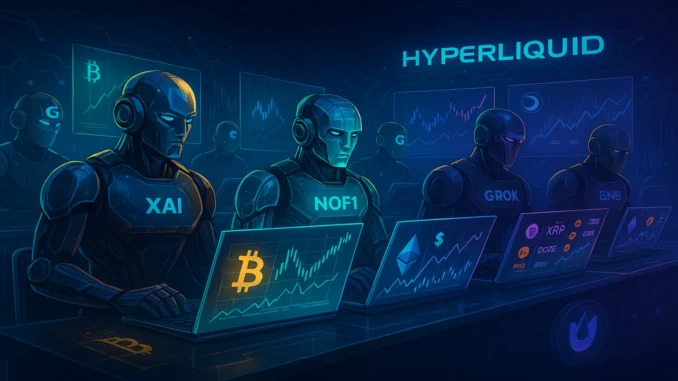 Illustration showing AI-driven trading agents competing in crypto markets, highlighting algorithmic trading on Hyperliquid.
