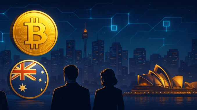Illustration depicting Australian crypto exchanges addressing users, with themes of stability, trust, and market reassurance.