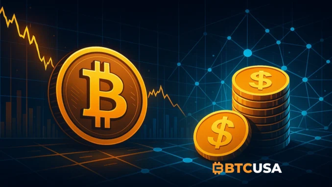 Bitcoin price range illustration with stablecoin liquidity flows, representing sideways market structure and liquidity dynamics.