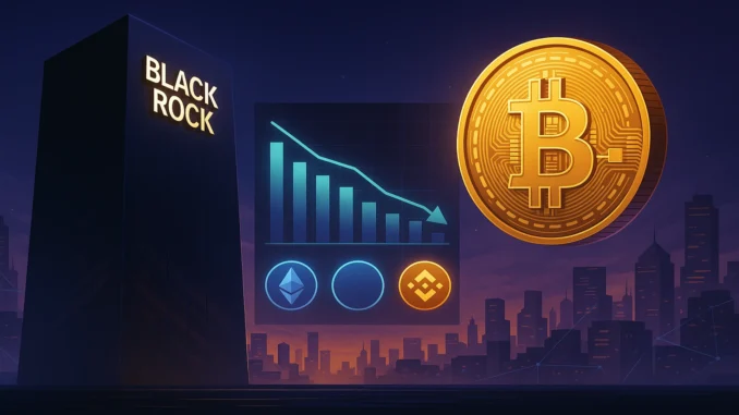 Illustration showing BlackRock branding alongside Bitcoin and ETF market visuals, symbolizing institutional Bitcoin investment products.