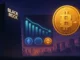 Illustration showing BlackRock branding alongside Bitcoin and ETF market visuals, symbolizing institutional Bitcoin investment products.