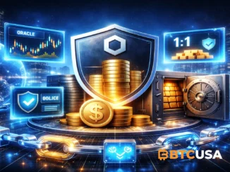 Concept illustration of Chainlink secure stablecoin framework with oracle services, proof of reserve and cross-chain interoperability