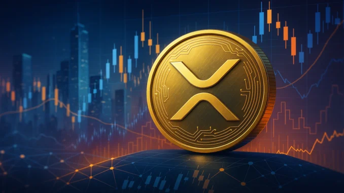 Illustration featuring XRP branding with market data visuals, symbolizing price movement and trading activity.
