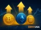 Crypto ETF inflows illustration with upward arrows, representing capital inflows into cryptocurrency exchange-traded funds.