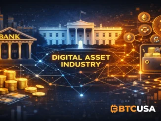 Illustration showing traditional banks and crypto networks merging into a unified digital asset ecosystem