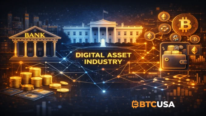Illustration showing traditional banks and crypto networks merging into a unified digital asset ecosystem