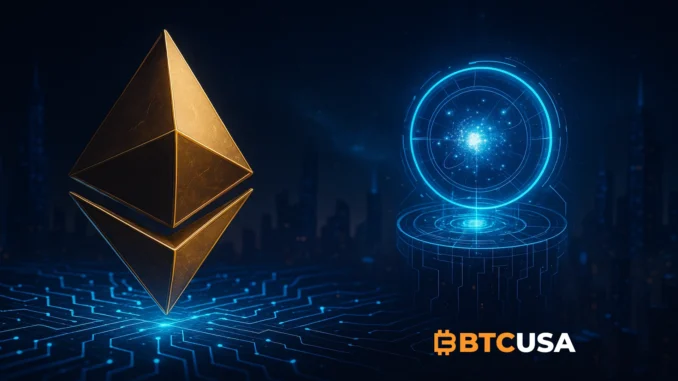 Illustration showing Ethereum facing potential quantum computing threats to blockchain security.