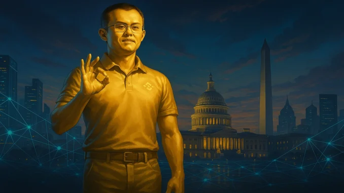Changpeng Zhao depicted as a golden statue near Washington landmarks, representing regulatory attention and political influence in crypto.