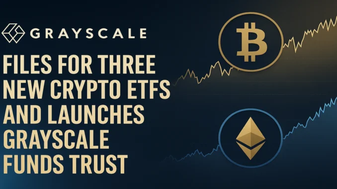 Image showing Grayscale filing applications for multiple crypto ETFs, highlighting institutional expansion and regulated investment products.