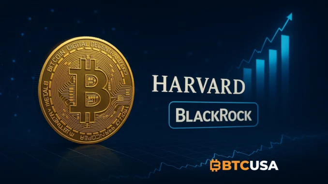 Illustration showing Harvard increasing Bitcoin exposure through BlackRock’s IBIT ETF.