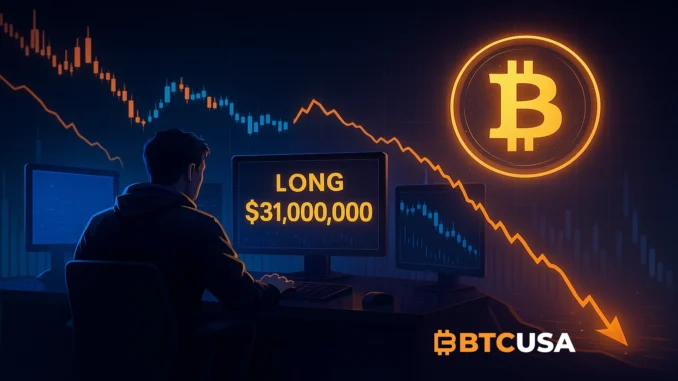Illustration depicting highly leveraged Bitcoin long positions amid rising market risk.
