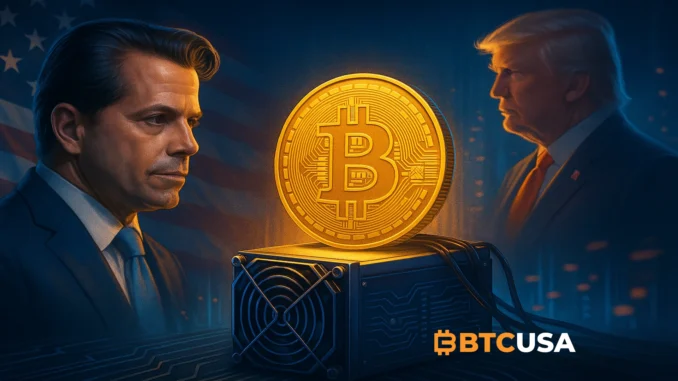 Illustration showing major investors backing a Bitcoin mining venture linked to the Trump family.
