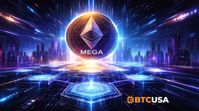 Futuristic blockchain network visualization representing MegaETH mainnet launch and high-performance Ethereum scaling