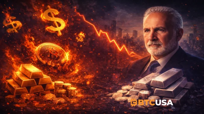 Peter Schiff illustration alongside gold, silver, and Bitcoin imagery, representing comparisons between precious metals and cryptocurrency.