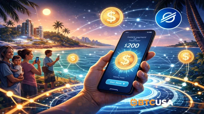 Stellar blockchain illustration showing mobile payments in an island setting, representing blockchain-based financial infrastructure in the Marshall Islands.