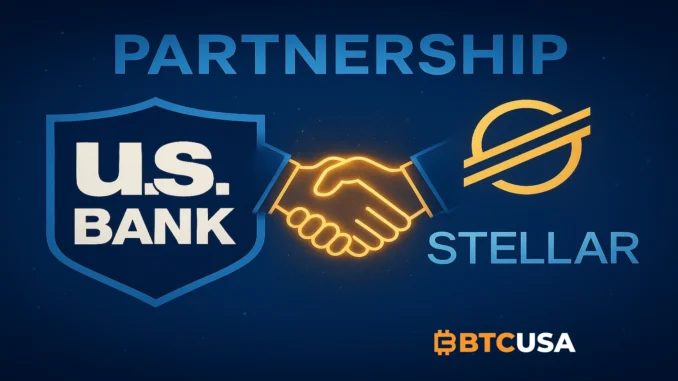 Illustration depicting a partnership between a U.S. bank and the Stellar network for blockchain-based payments.