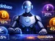 AI-powered crypto analysis illustration featuring a humanoid robot and market data, representing probability-based crypto forecasting tools.