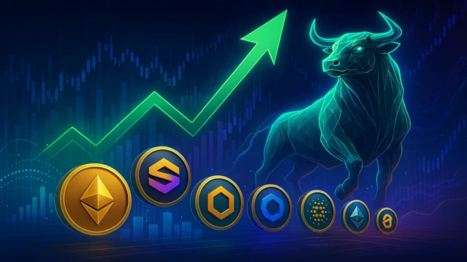 Illustration showing multiple altcoins rising with bullish charts, representing a broad altcoin market rally.