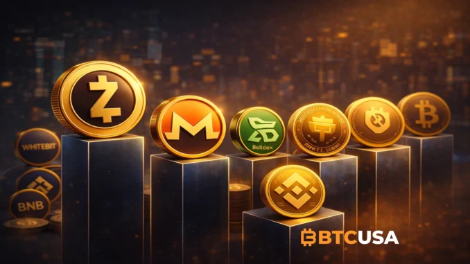 Altcoins outperforming the crypto market in 2025 with leading privacy coins and exchange tokens showing strong growth against a dark blue–gold financial background