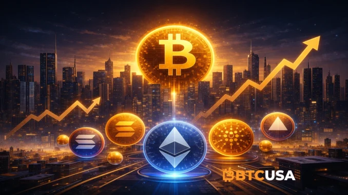 Cinematic illustration of the crypto market showing Bitcoin and Ethereum dominating capital flows while select altcoins attract institutional interest in 2026