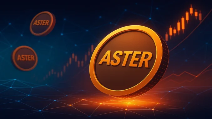 Illustration representing ASTER token buyback with rising price chart and token symbol.