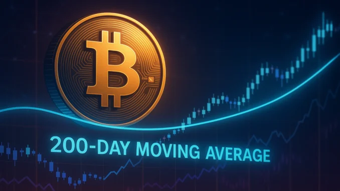 Illustration depicting Bitcoin price action testing the 200-day moving average, highlighting a critical market decision point.