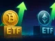 Bitcoin and Ethereum ETF illustration with upward arrow, representing renewed institutional inflows into crypto exchange-traded funds.