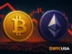 Bitcoin and Ethereum symbols with declining chart, representing ETF outflows and reduced institutional inflows into crypto funds.