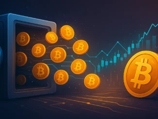 Illustration showing Bitcoin locked away with reduced flow visuals, representing growing illiquid BTC supply.