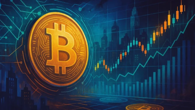 Illustration depicting Bitcoin mid-cycle phase with price structure, accumulation signals, and market depth visuals.