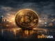 Bitcoin shown as a dominant global asset against a modern cityscape, representing expectations for Bitcoin’s role in the financial system by 2026.
