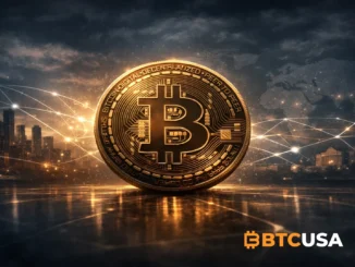 Cinematic illustration of a single bitcoin against a dark city skyline with subtle network connections, symbolizing Bitcoin’s evolving role in 2026 as a store of value and settlement layer.