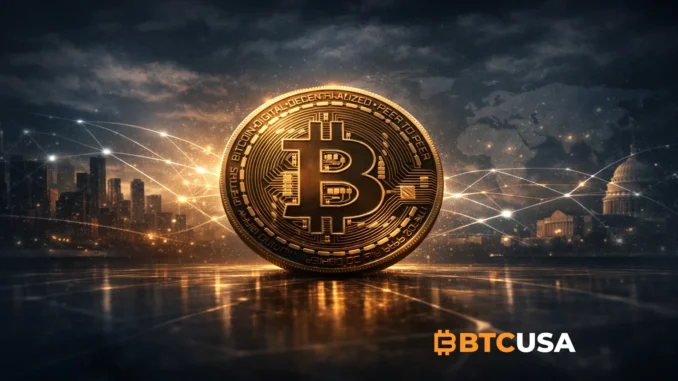 Cinematic illustration of a single bitcoin against a dark city skyline with subtle network connections, symbolizing Bitcoin’s evolving role in 2026 as a store of value and settlement layer.