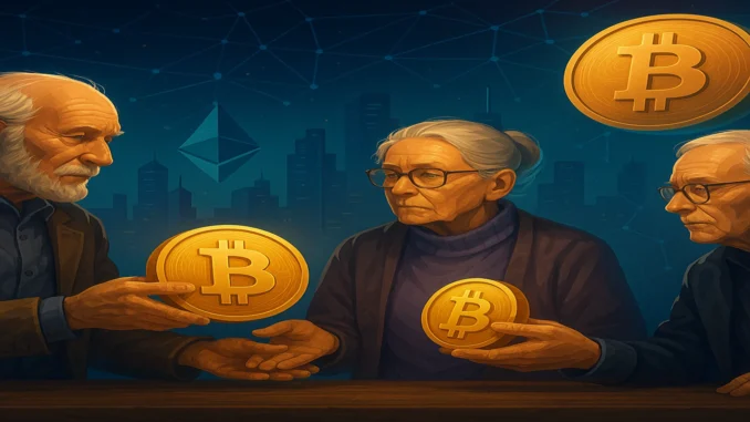 Illustration depicting a Bitcoin sell-off by long-term holders, reflecting on-chain data signals and market pressure.