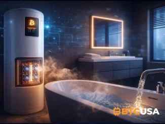 Minimalist illustration of a modern bathroom with a subtle bitcoin mining unit heating water, symbolizing home-based heat recycling mining.
