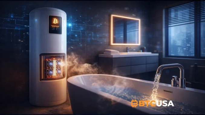 Minimalist illustration of a modern bathroom with a subtle bitcoin mining unit heating water, symbolizing home-based heat recycling mining.