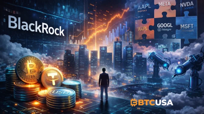 Institutional finance illustration showing BlackRock branding, global markets, and digital assets, representing outlook on AI and stablecoins in the 2026 financial landscape.